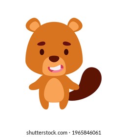 Cute little beaver on white background. Cartoon animal character for kids cards, baby shower, birthday invitation, house interior. Bright colored childish vector illustration.