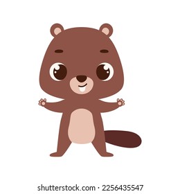 Cute little beaver on white background. Cartoon animal character for kids cards, baby shower, invitation, poster, t-shirt composition, house interior. Vector stock illustration