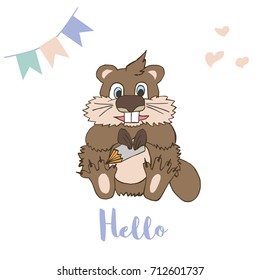 Cute little beaver with pencil, flags and hearts. Vector cartoon illustration can be used for baby t-shirt, print design, baby shower, greeting and invitation card.