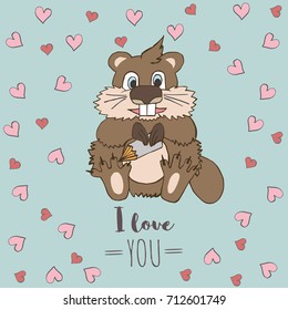 Cute little beaver with pencil, hearts and words I love you. Vector cartoon illustration can be used for baby t-shirt, print design, baby shower, greeting and invitation card.