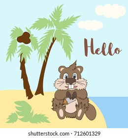Cute little beaver with a pencil on the beach under a coconut palm. Vector cartoon illustration can be used for baby t-shirt, print design, baby shower, greeting and invitation card.
