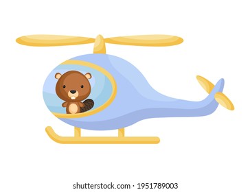 Cute little beaver pilot in blue helicopter. Cartoon character for childrens book, album, baby shower, greeting card, party invitation, house interior. Vector stock illustration.