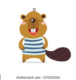 Cute little beaver is smiling. Brave kawaii furry beaver in a striped T-shirt. Forest, river, lake, pond. Flat hand drawn illustration kid's poster. Cartoon animal character set. Child theme.