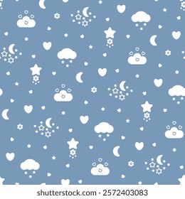 Cute little bedtime print for babies clothes fabric. White clouds, stars, moon on a pale light blue background. Childish seamless pattern for bed linen, blankets, pillows. Nice nursery wallpaper.
