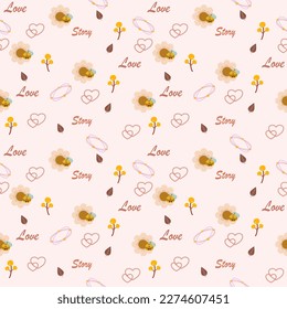 Cute little bee cartoon Bohemian nursery print seamless pattern. Vector cute bee and flower, heart, star print for wall decor in children's bedroom. Design for children's fabric, kid decor, element