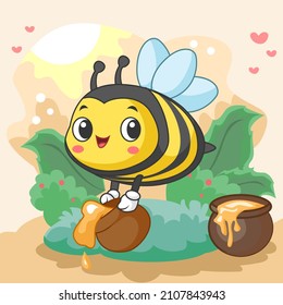 Cute little bee cartoon carrying honey