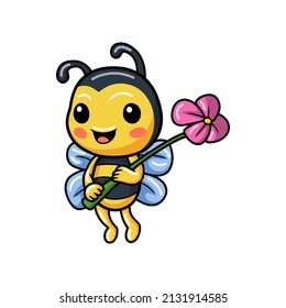 Cute little bee cartoon holding a flower