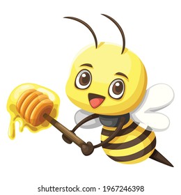 Cute little bee cartoon illustration, Little bee holding honey stick, Kawaii design style, Cute cartoon characters clipart. They are great for decoration or as part of a design.