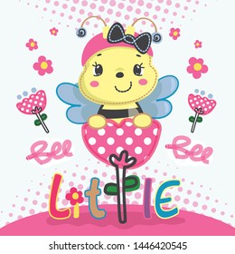 Cute little bee cartoon on big pink flower on gray background illustration vector, T-shirt graphic design.