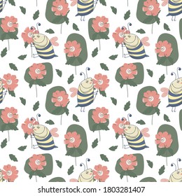 Cute little bee with flowers vector seamless pattern for kids design