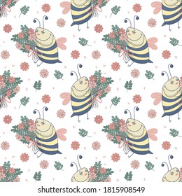 Cute little bee with flowers vector seamless pattern fod kids design