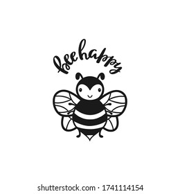 Cute little bee with hand written lettering bee happy isolated on white background. Lettering poster or t shirt textile graphic design.