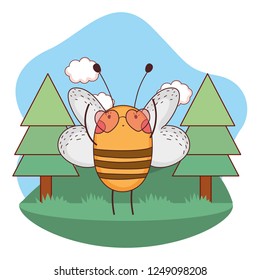 cute little bee with heart sunglasses in the camp