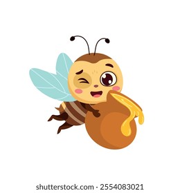 Cute little bee is holding a large pot of organic honey. Sweet honey flows out of the container. Harvest season, hard work. Flat vector illustration in cartoon style