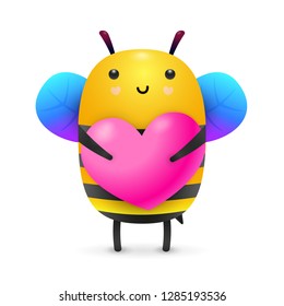 Cute little bee holding pink heart. Love, romance, feeling. Valentines Day concept. Vector illustration can be used for topics like holiday, emotions, childhood