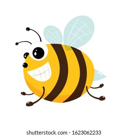 Cute little bee isolated on white background. Honey flying bee. Cartoon illustration in flat style with happy insect can be used for icons, mascot, children's clothing or things design and other.