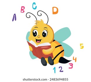 a cute little bee reading a book, vector illustration.