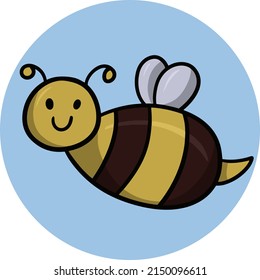 Cute little bee smiles, vector cartoon children's illustration on a round blue background