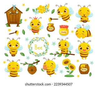 Cute Little Bee with Striped Body with Sweet Honey and Honeycomb Big Vector Set