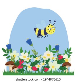Cute little bee and summer flowers, berries and mushrooms - vector illustration