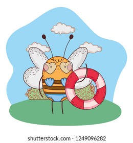 cute little bee with swimsuit and float in the camp