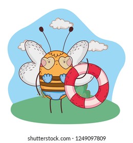 cute little bee with swimsuit and float in the camp