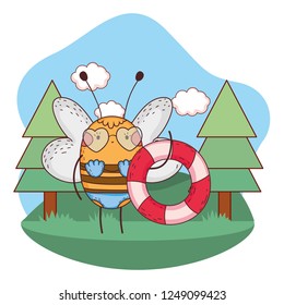 cute little bee with swimsuit and float in the camp