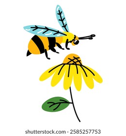 Cute little Bee with a Yellow Flower. flat-style illustration depicting large bee. funny bee collects pollen from flower. Insect. posters, greeting cards and children's design. isolated colored animal