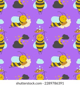 Cute little bees seamless pattern. Purple background with sleeping bees.
