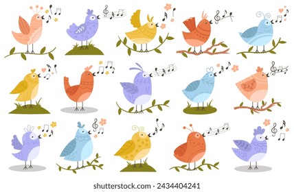 Pequeños personajes de pájaros lindos cantando canciones de primavera sentados en la rama de árbol ramita conjunto ilustración vectorial. Pajarillos coloridos con plumas que tuitean la melodía de la naturaleza agitando las alas de la colección