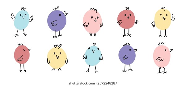 cute little bird or chick cartoon doodle hand drawn colorful set. funny easter birds for kids vector bird collection. Vector illustration