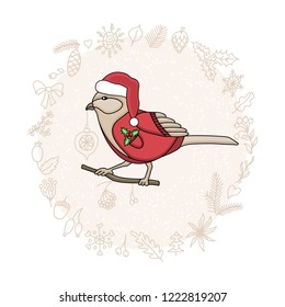 Cute little bird in clothes with hand drawn Christmas floral design elements 