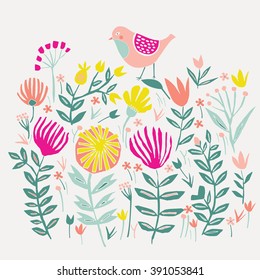 Cute Little Bird in Floral Garden. Print Design