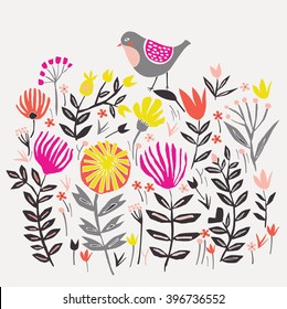 Cute Little Bird in Floral Garden. Print Design