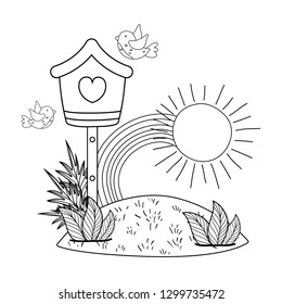 cute and little bird flying with birdhouse