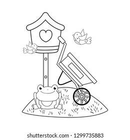 cute and little bird flying with birdhouse