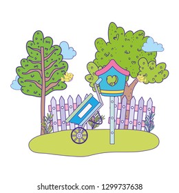 cute and little bird flying with birdhouse