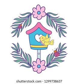 cute and little bird flying with birdhouse