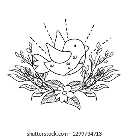 cute and little bird flying with flowers garden