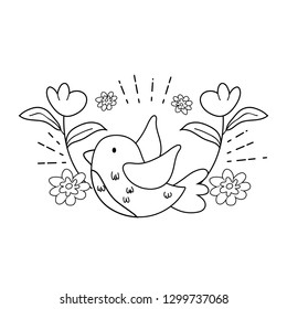 cute and little bird flying with flowers garden