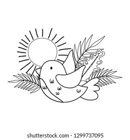 cute and little bird flying with flowers garden
