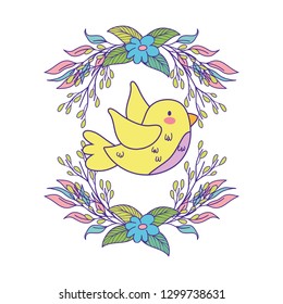 cute and little bird flying with flowers garden