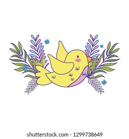 cute and little bird flying with flowers garden