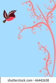 Cute little bird flying on pink branch of magical tree. Vector spring background