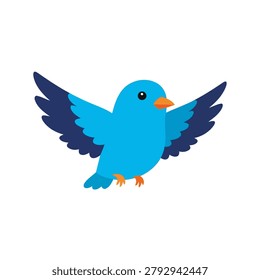 A cute little bird is flying with its wings spread. It has a blue body and wing tips. This character has a soft and cheerful expression and a solid brick orange color.  Flat vector mascot design.