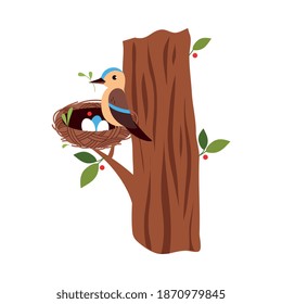 Cute Little Bird as Forest Habitant Sitting in Nest on Tree Trunk Vector Illustration