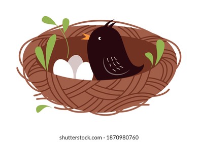 Cute Little Bird as Forest Habitant Sitting in Nest Vector Illustration