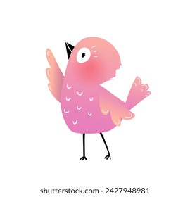 Cute little bird illustration for kids. Small pink birdie showing with wing, isolated animal design. Vector children clip art illustration in watercolor style.