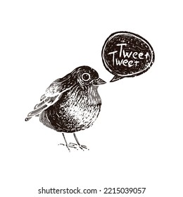 Cute little bird in linocut retro style, vintage silhouette of bird with tweet speech bubble on white