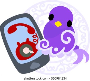The cute little bird of mysterious design and a smartphone